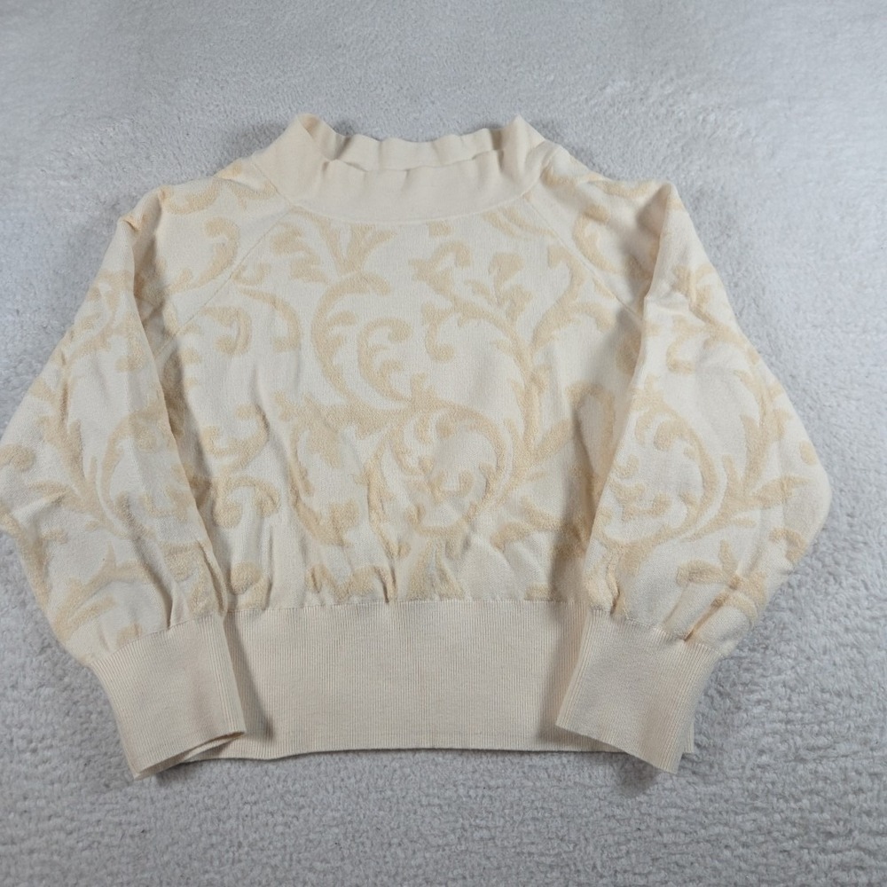 Anthropologie Jacquard  Knit Cream‎ Mockneck Sweater Size Large Pettie Ribbed